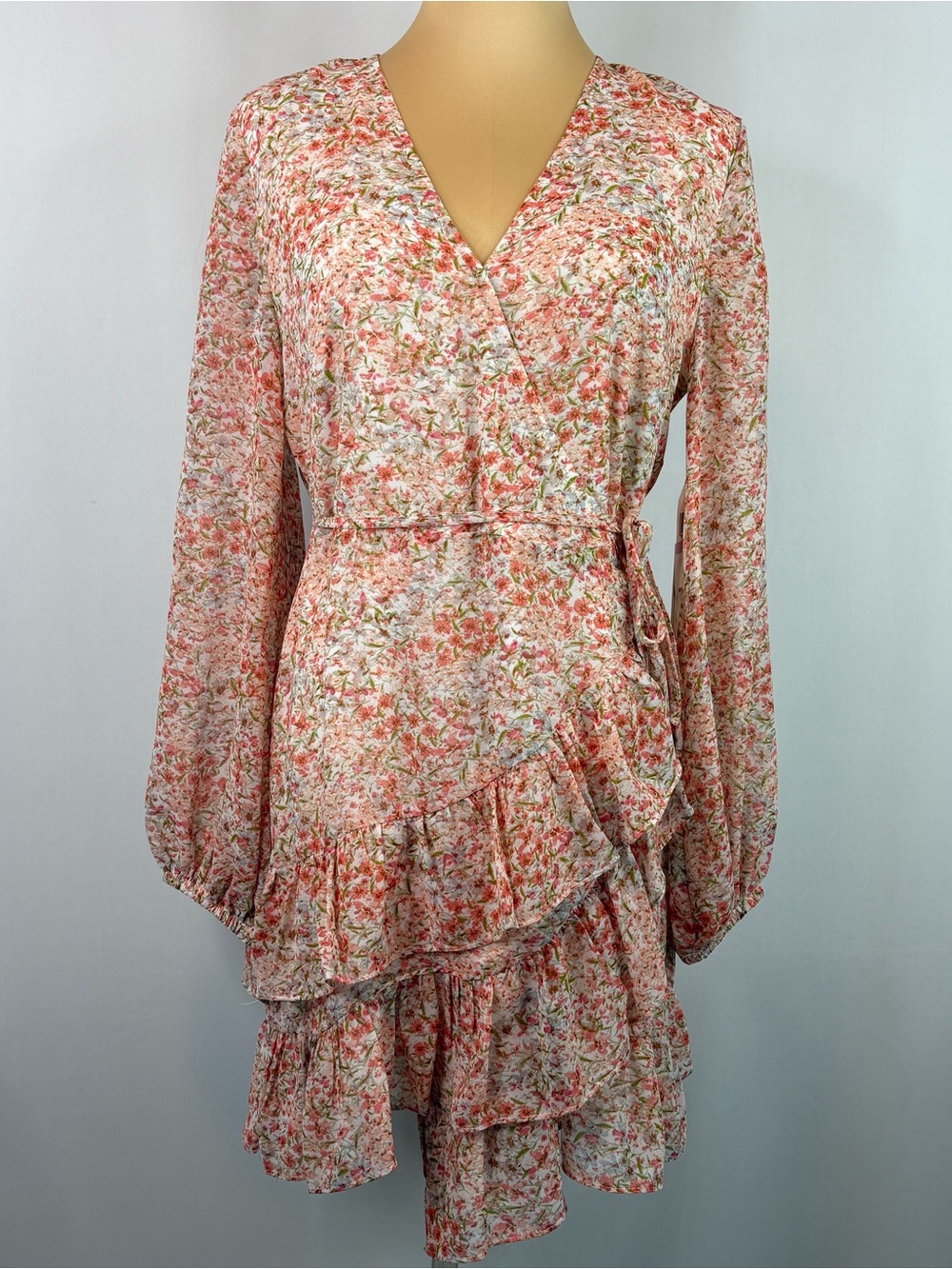 1. STATE Floral Wrap Ruffle Mini Dress NWT Size 6 Pink Boho Romantic
